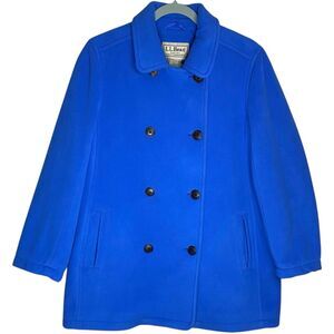 LL Bean Pea Coat Womens Large Blue Fleece Double Breasted Jacket Outdoor Classic
